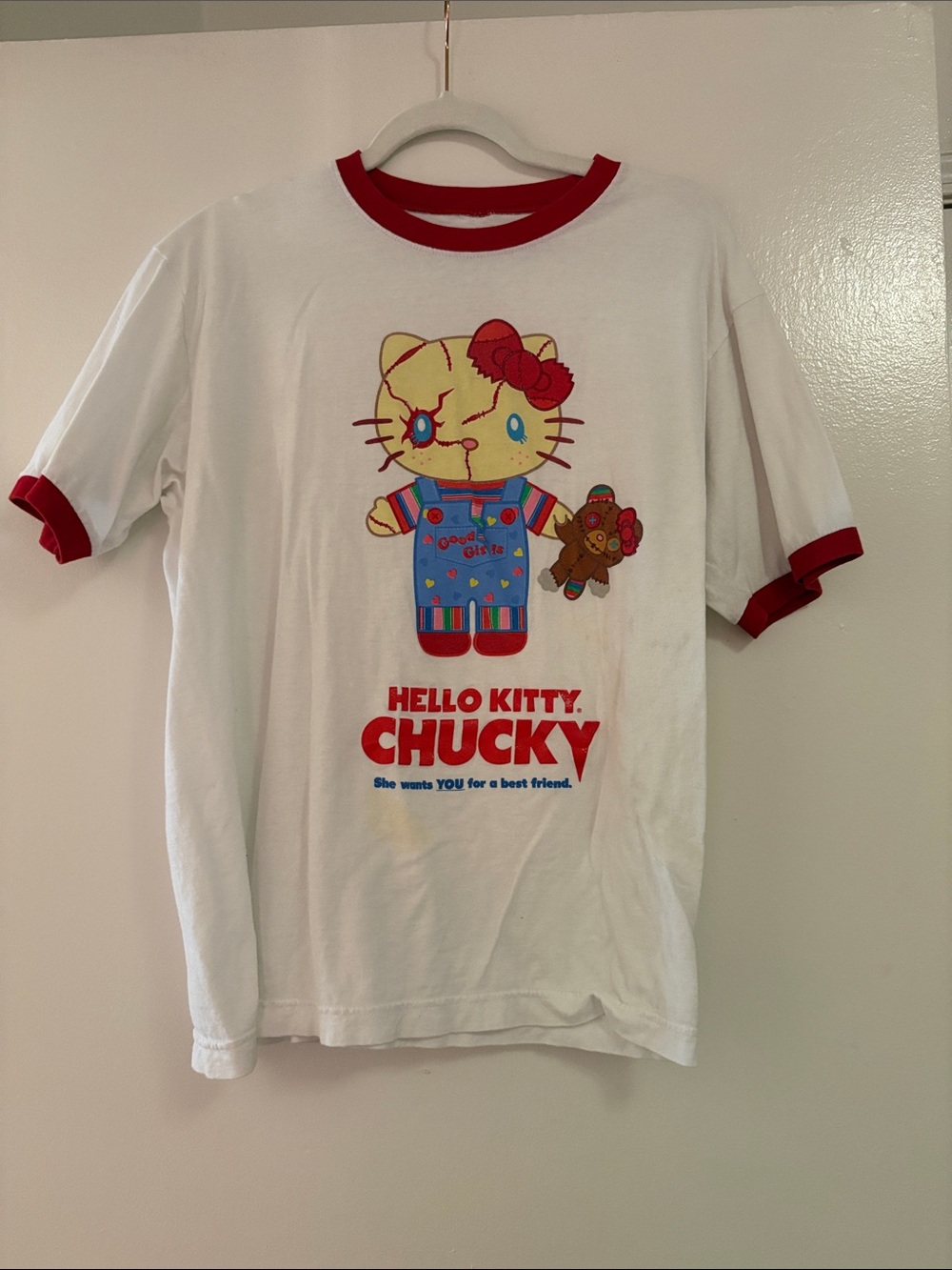 Hello Kitty Chucky Graphic tee White with Red Trim